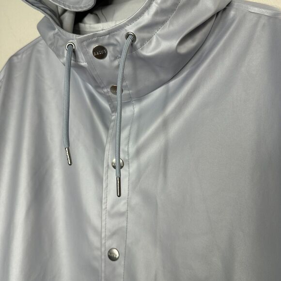 Rains Unisex Pale Blue Front Snap Midline Drawstring Hooded Rain Jacket S / M - Picture 7 of 16